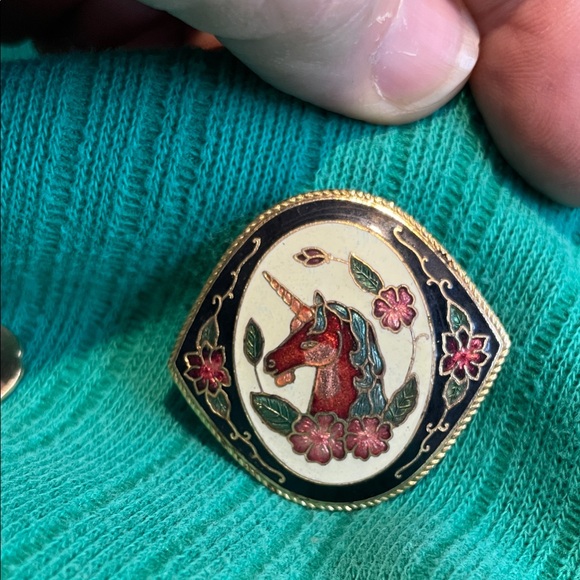 Jewelry - Vintage Gold tone and Pink cloisonné Unicorn scarf clip and post earrings